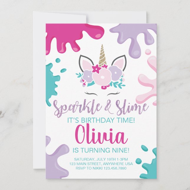 Sparkle and Slime Unicorn Slime Birthday Invite (Front)