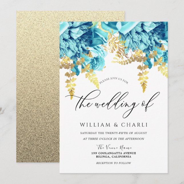 Sparkle Aqua Blue & Gold Floral Wedding Invitation (Front/Back)