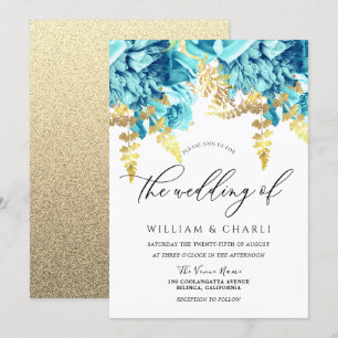 Sparkle Aqua Blue & Gold Floral Wedding Invitation