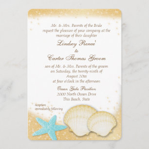Sparkle Beach Sea Shell Aqua and Gold Wedding Invitation