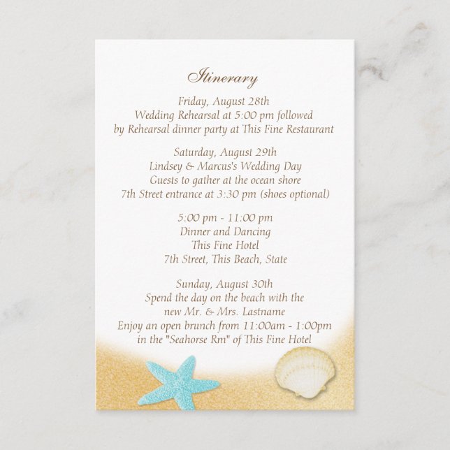 Sparkle Beach Seashell Aqua Wedding Intinerary Enclosure Card (Front)