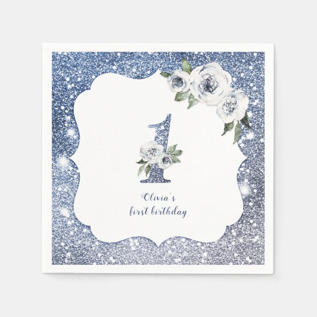 Sparkle blue glitter and floral 1st birthday napkin (Front)