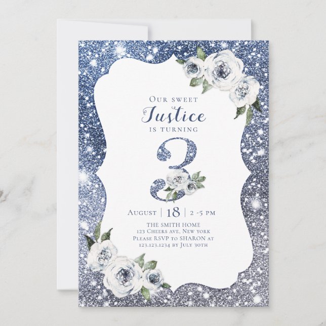 Sparkle blue glitter and floral 3rd birthday invitation (Front)