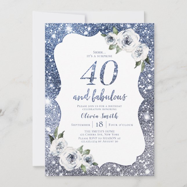 Sparkle blue glitter and floral 40th birthday invitation (Front)