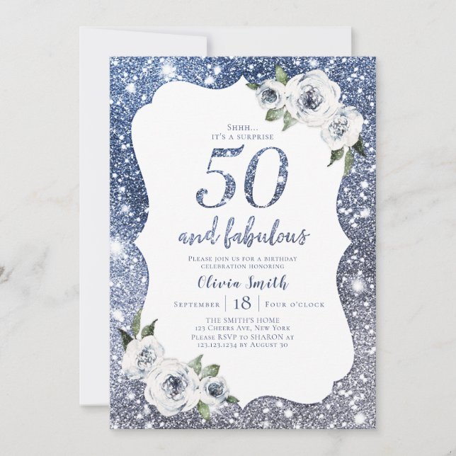Sparkle blue glitter and floral 50th birthday invitation (Front)