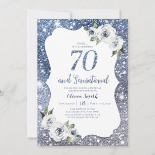 Sparkle blue glitter and floral 70th birthday invitation