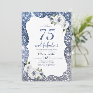 Sparkle blue glitter and floral 75th birthday invitation