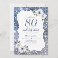 Sparkle blue glitter and floral 80th birthday