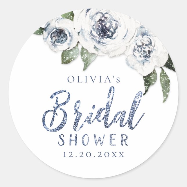 Sparkle blue glitter and floral bridal shower classic round sticker (Front)