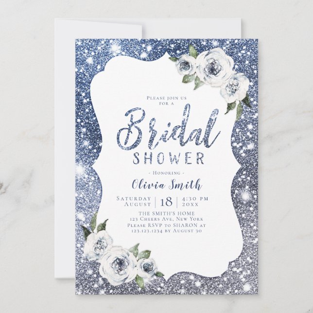 Sparkle blue glitter and floral bridal shower invitation (Front)