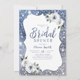 Sparkle blue glitter and floral bridal shower invitation