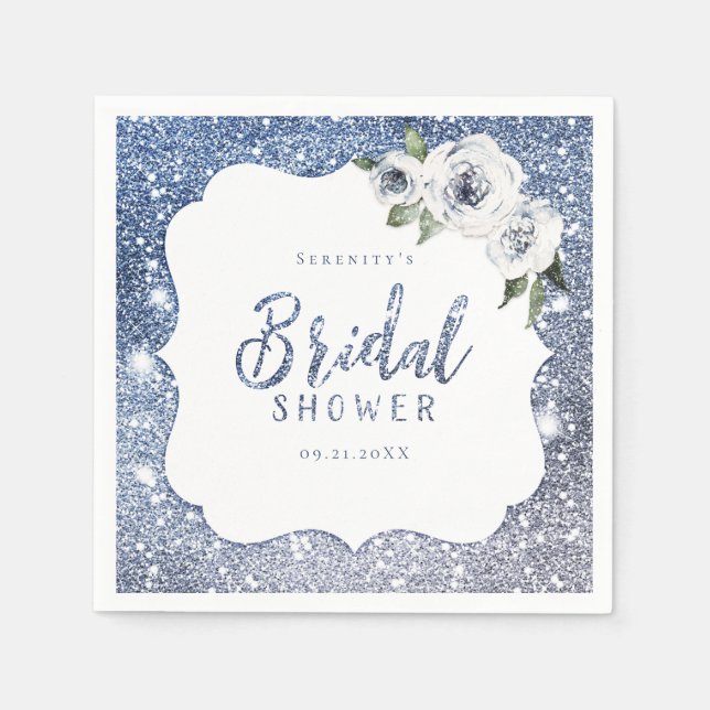 Sparkle blue glitter and floral bridal shower napkin (Front)
