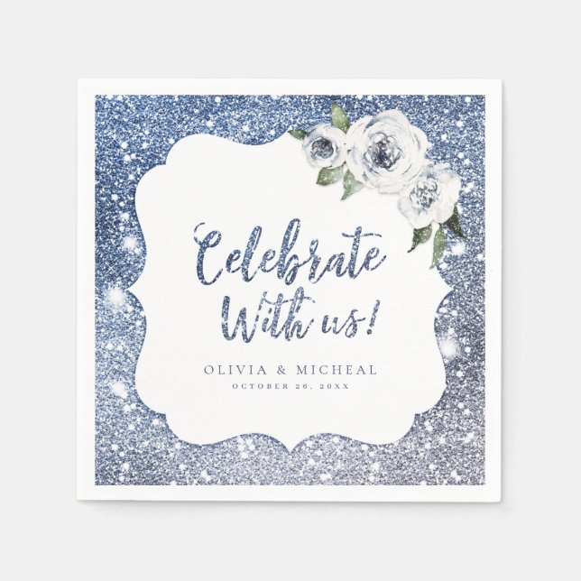 Sparkle blue glitter and floral celebrate with us napkin (Front)