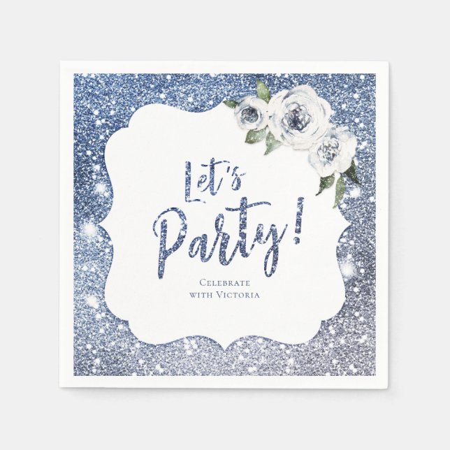 Sparkle blue glitter and floral let's party napkin (Front)