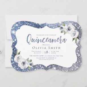 Sparkle blue glitter and floral Quinceanera Invitation