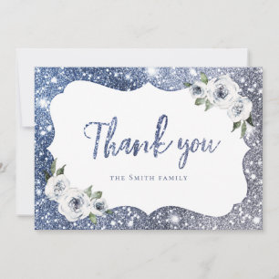 Sparkle blue glitter and floral thank you invitation