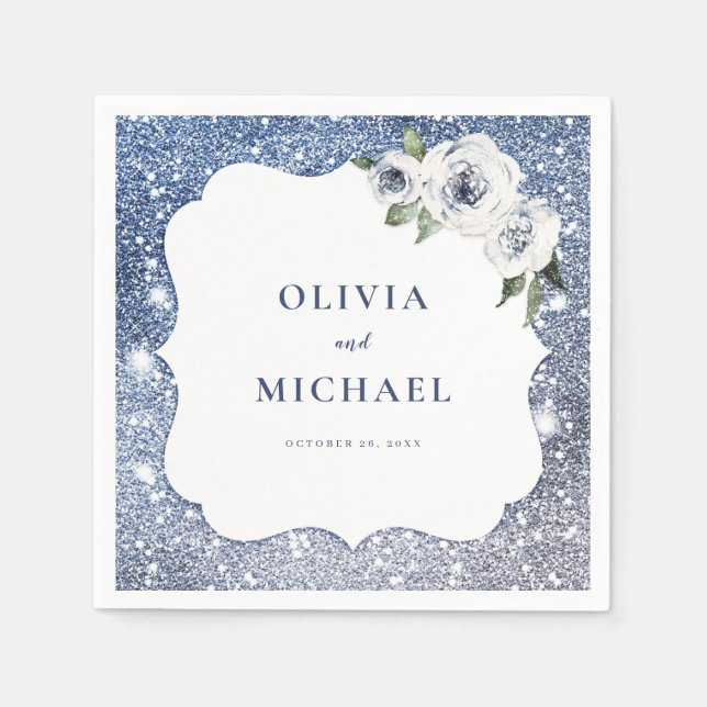 Sparkle blue glitter and floral wedding napkin (Front)