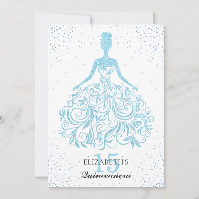 Sparkle Blue Glitter Dress Stylish Quinceañera Invitation (Front)
