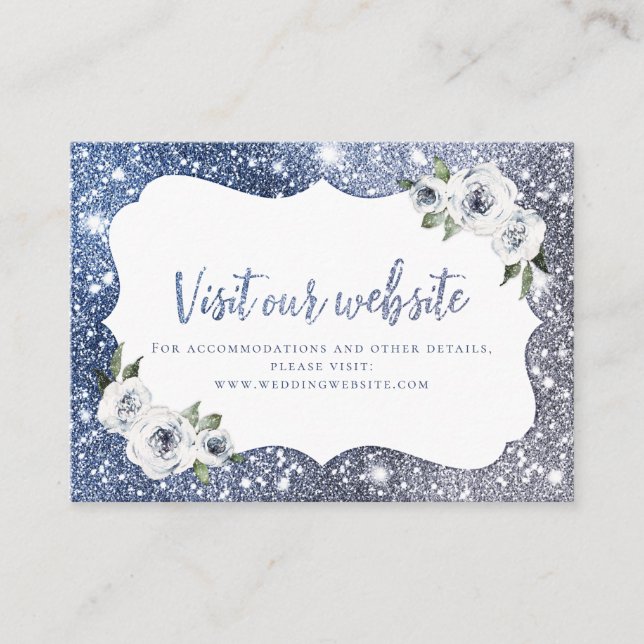 Sparkle Blue Glitter Floral Website Insert Card (Front)