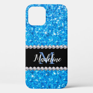 Sparkle Blue Glitter & Gems with Name and Monogram iPhone 12 Case