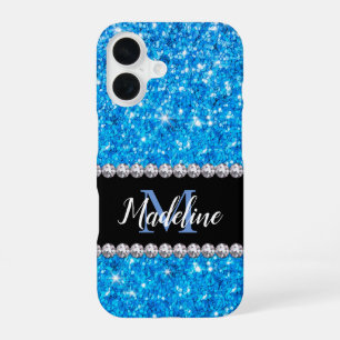 Sparkle Blue Glitter & Gems with Name and Monogram iPhone 16 Case