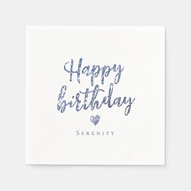 Sparkle blue glitter happy birthday napkin (Front)