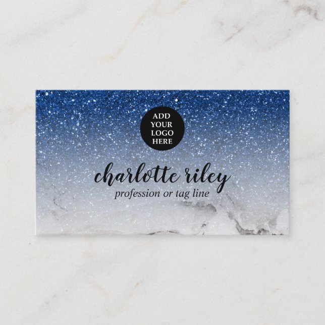 Sparkle Blue Glitter Marble Cursive Add your Logo Business Card (Front)