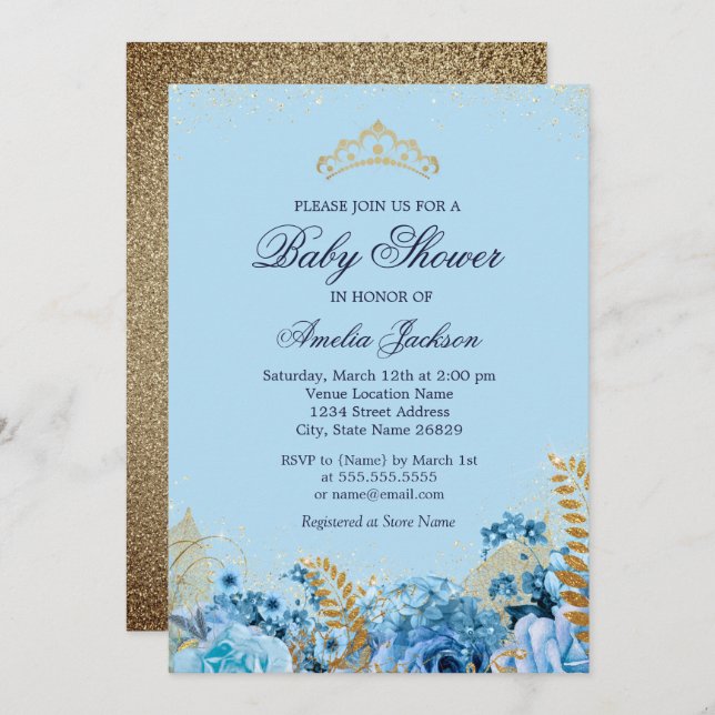 Sparkle Blue Gold Glitter Floral Baby Shower Invitation (Front/Back)