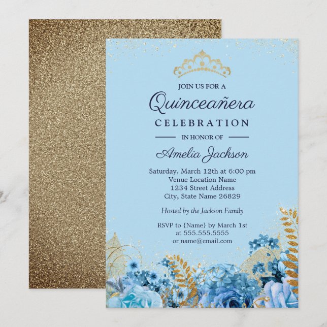 Sparkle Blue Gold Glitter floral Quinceanera 15th Invitation (Front/Back)