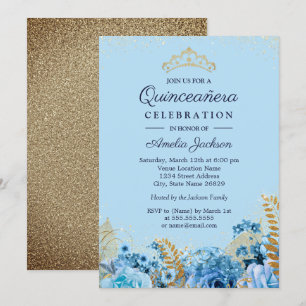 Sparkle Blue Gold Glitter floral Quinceanera 15th Invitation