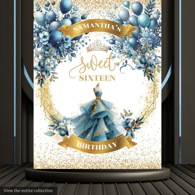 Sparkle Blue § Gold Sweet Sixteen Birthday Banneр Tapestry (Sparkle Blue § Gold Sweet Sixteen Birthday Banneр Tapestry)