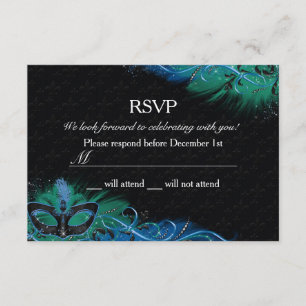 Sparkle Blue & Green Feather Mask Masquerade RSVP Invitation