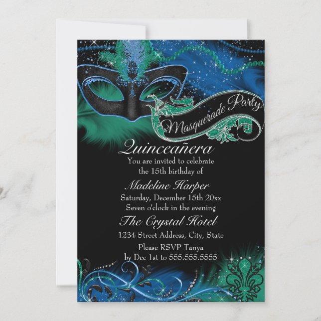 Sparkle Blue & Green Mask Masquerade Quinceanera Invitation (Front)