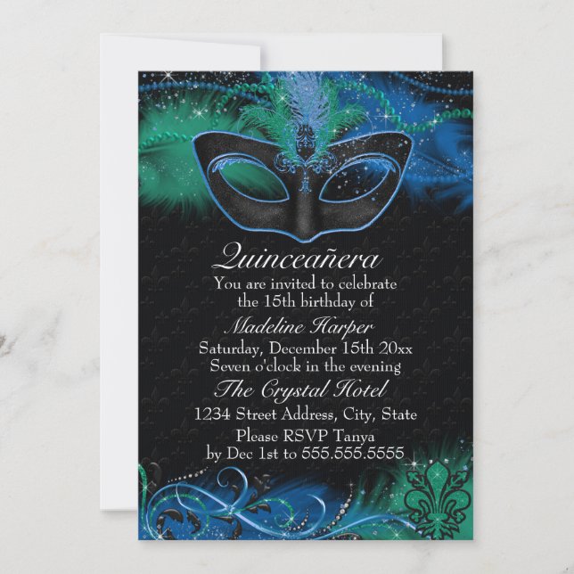 Sparkle Blue & Green Mask Masquerade Quinceanera Invitation (Front)
