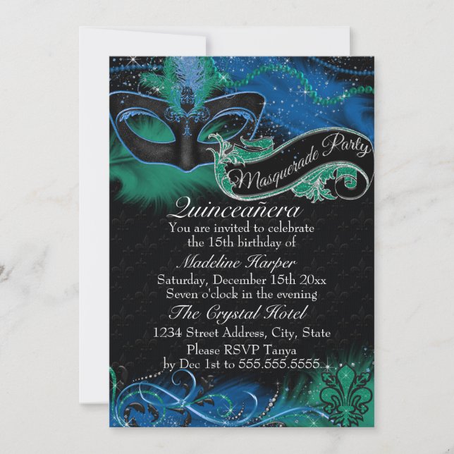 Sparkle Blue & Green Mask Masquerade Quinceanera Invitation (Front)