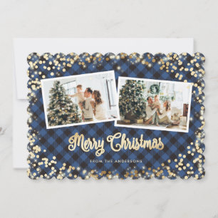 Sparkle Blue Plaid Snow Stars Photo Christmas Holiday Card