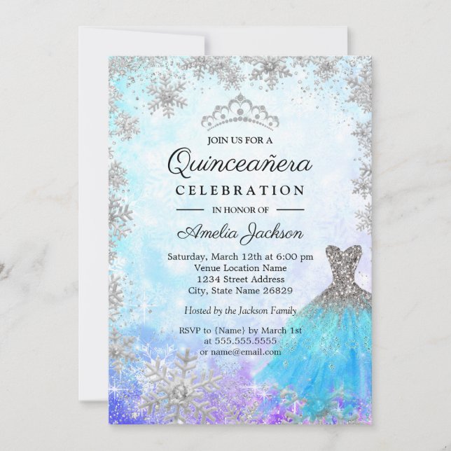 Sparkle Blue Purple Snowflakes Winter Quinceanera Invitation (Front)