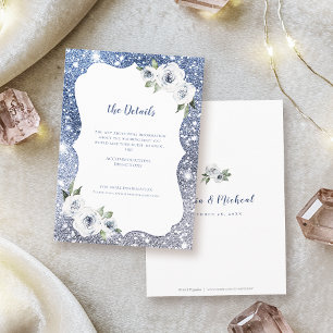 Sparkle blue silver glitter floral Wedding Details Enclosure Card