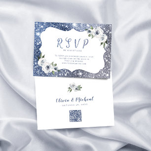 Sparkle blue silver glitter floral wedding QR code RSVP Card