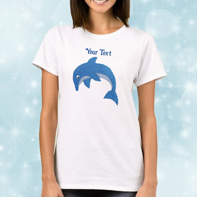 Sparkle Blue White Dolphin in Jumping position T-Shirt (Cute jumping dolphin in sparkle blue and white on adult tee shirt.)