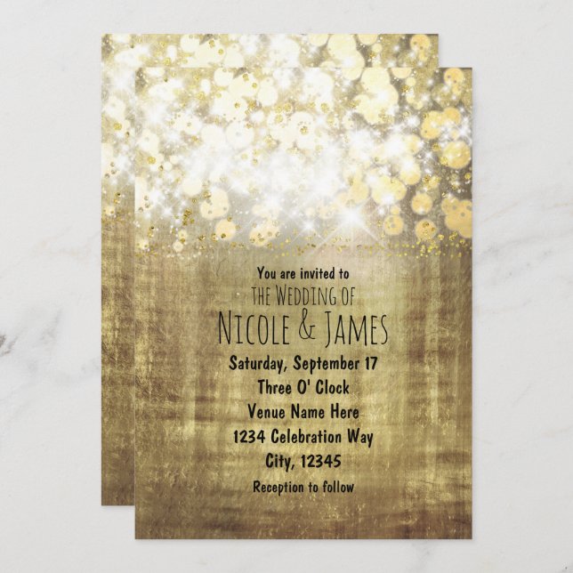 Sparkle Bright Lights Rustic Gold Glam Invitations (Front/Back)