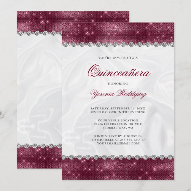 Sparkle Burgundy Glitter Glam Diamond Quinceañera Invitation (Front/Back)