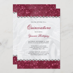 Sparkle Burgundy Glitter Glam Diamond Quinceañera Invitation