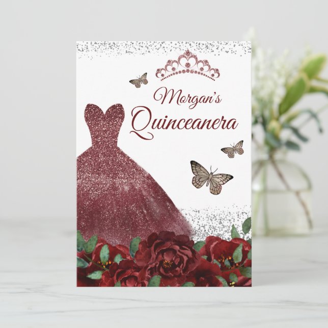 Sparkle Burgundy Jewel Dress Butterfly Quinceanera Invitation (Standing Front)