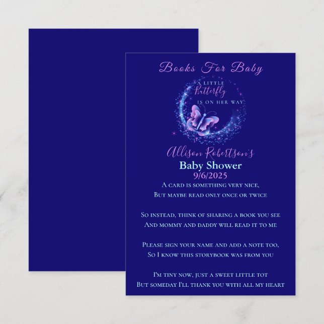 Sparkle Butterfly Girl Baby Shower Books For Baby  Enclosure Card (Front/Back)
