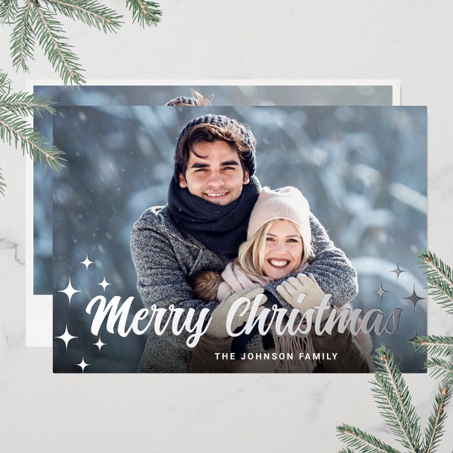 Sparkle Christmas 2 PHOTO Greeting Silver Foil Holiday Card (Customizable Christmas holiday greeting photo card with real foil print.)