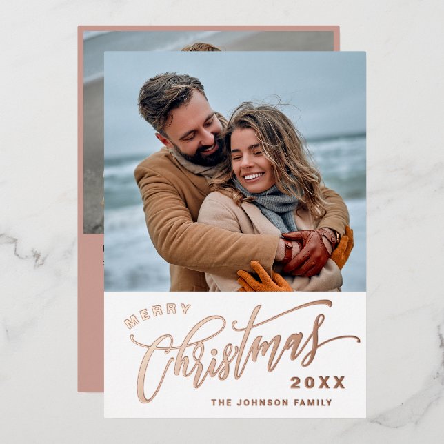 Sparkle Christmas 2 PHOTO Rose Gold Foil Holiday Card (Front/Back)
