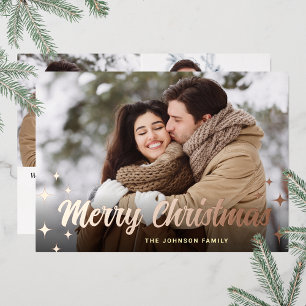 Sparkle Christmas 3 PHOTO Greeting Rose Gold Foil Holiday Card