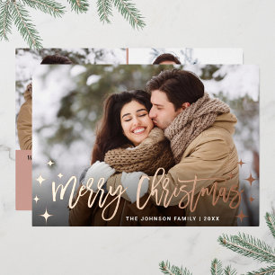 Sparkle Christmas 3 PHOTO Greeting Rose Gold Foil Holiday Card