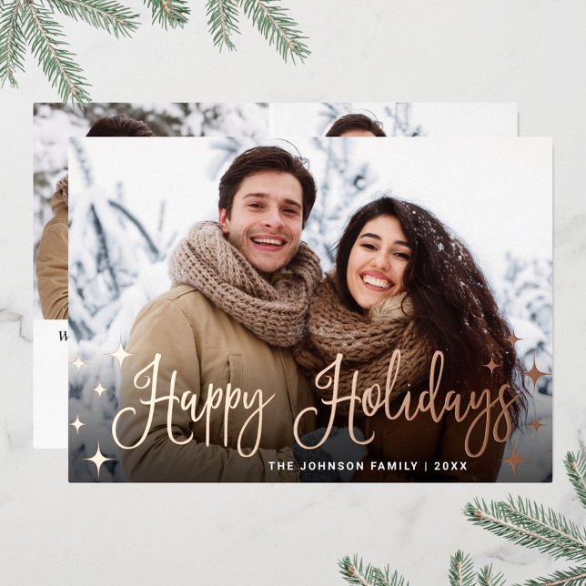 Sparkle Christmas 3 PHOTO Greeting Rose Gold Foil Holiday Card (Creator Uploaded)